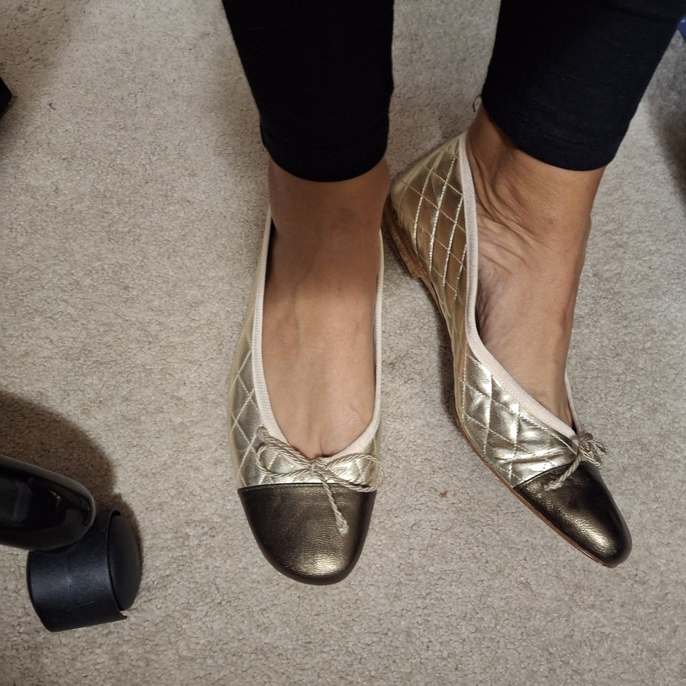 French Sole FS/NY Women's Passport Ballet Flat Gold/Bronze Cap Toe 9.5B